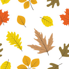 Autumn seamless pattern with doodle leaves for wallpaper, scrapbook, packaging, textile print, or wrapping paper