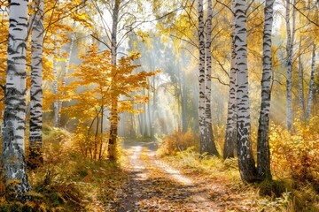 Fototapeta premium Sunlit autumn forest path with birch trees and golden foliage