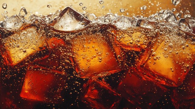 Texture of cola with ice cubes, bubbles rising, refreshing cold drink