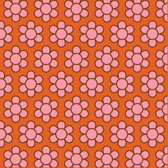 Retro Floral Pattern with Pink Flowers on Orange Background. This seamless design features stylized flowers creating a playful and nostalgic vintage aesthetic