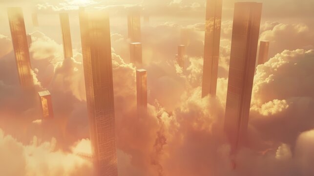The Teletubbies' beautiful surreal sci-fi land seen from above is a surreal, heavenly view of translucent Roman columns submerged in a cloudy water.