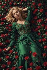 Fototapeta premium blonde woman at fancy green dress lying at background form red roses, cinematic light vertical orientation