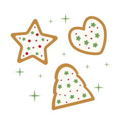 New Year's gingerbread cookies in the form of hearts, stars and fir trees, isolated on a white background. New Year's symbols. Vector graphics. Flat style.