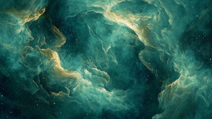 Abstract Green and Gold Nebula with Scattered Stars