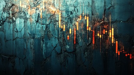 赤く光る下落する株式相場チャートグラフと石の壁とコピースペース