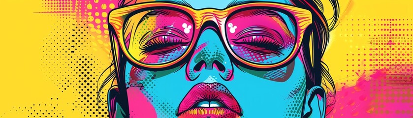 Naklejka premium Close-up portrait of a woman wearing sunglasses with a colorful background.