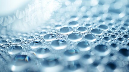 Close-up of water droplets on a smooth surface, showcasing crystal-clear reflections and intricate textures.