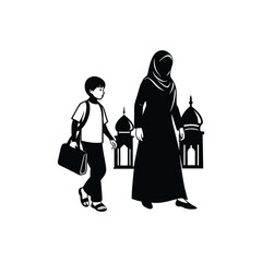 muslim mother and child go to school silhouette