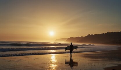 Surfer at Sunset by the Ocean
