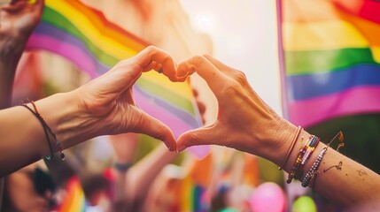hands form a heart on the background of a waving rainbow flag