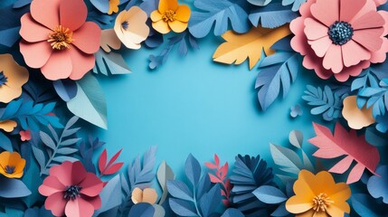 Paper Flowers and Leaves Frame on Blue Background