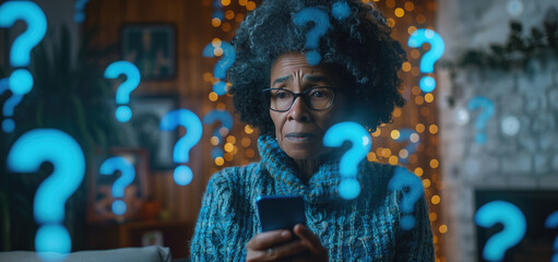 Pensive elderly woman holding smartphone surrounded by floating question marks and bokeh lights. Concepts of uncertainty, technology challenges, and seeking information.