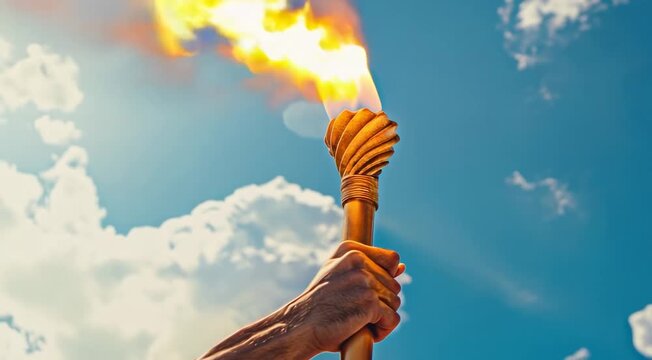 Blurred olympic torch flame burning in sports arena with space for text	