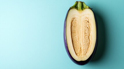 Half of a purple eggplant, cut lengthwise, revealing its yellow interior.