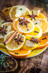 Ingredients medicinal tea Citrus spices Slices lemon orange ginger cloves cinnamon