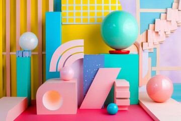 Fototapeta premium Colorful geometric shapes and patterns create a vibrant and playful setting, perfect for modern design and creativity.
