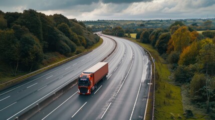 Top view of red trailer truck driving on asphalt road delivering goods. Background of expedition service company