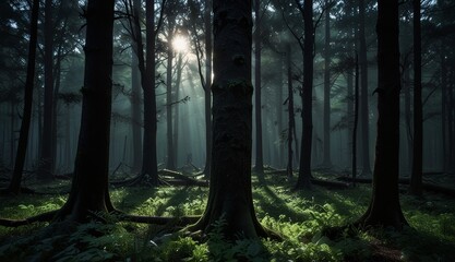 Naklejka premium Mysterious Forest with Sunlight