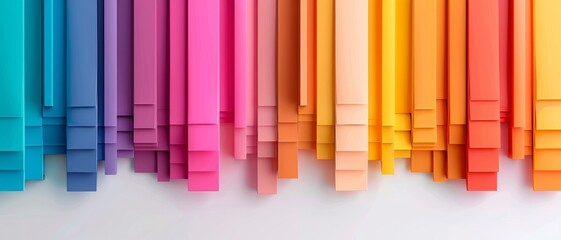 Obraz premium Colorful paper strips arranged in a vibrant gradient, perfect for creative projects, backgrounds, or decorative purposes.