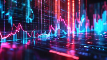 Abstract Neon Blue and Red Digital Data Display with Glowing Lines