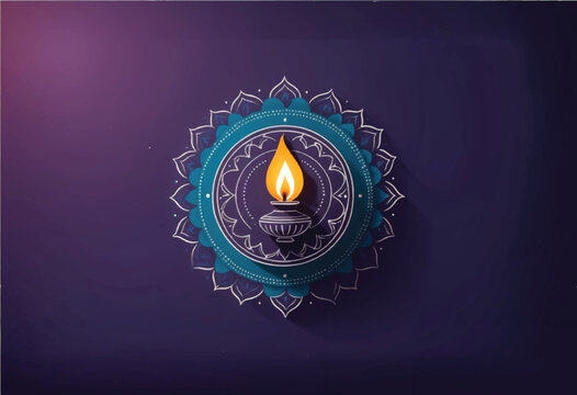 a lit diwali diya candle that is on a purple background surrounded by minimalist lines pattern