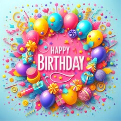 Colorful Happy Birthday Celebration with Balloons, Confetti and Gifts
