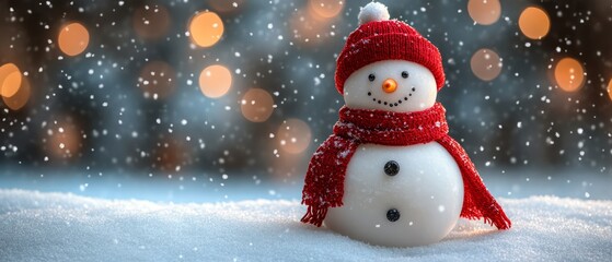 Fototapeta premium A cheerful snowman in a winter setting, adorned with a red scarf and hat, surrounded by falling snow and glowing lights.