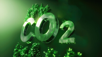 Green 3D CO2 text surrounded by foliage with a glowing effect emphasizing carbon emissions. Concepts of environmental impact, climate change, and sustainability awareness.