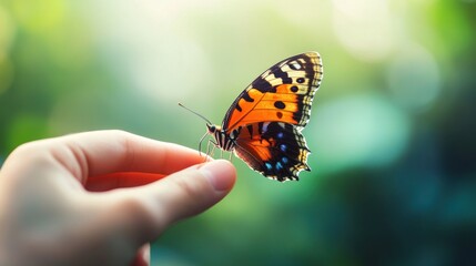 Fototapeta premium Butterfly on a Fingertip in Nature's Embrace