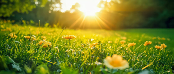A field of yellow flowers with the sun shining on them