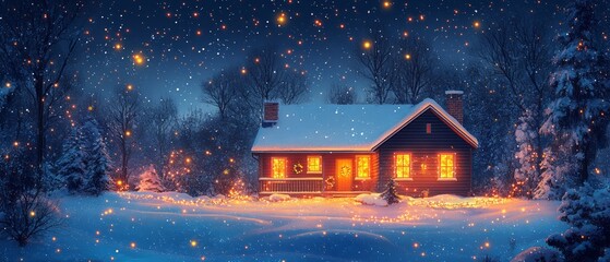 Fototapeta premium A cozy cabin illuminated in the snowy night, surrounded by falling snowflakes, creating a serene winter wonderland atmosphere.