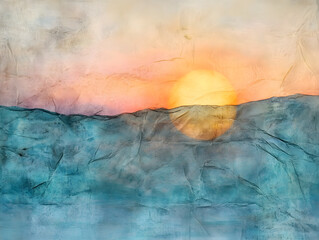 Tranquil Sunset Scene with Soft Hues and Textured Layers Over Gentle Hills and Serene Water Surfaces in Soothing Blue, Highlighted by Warm Glowing Sun Radiating Golden and Orange Tones