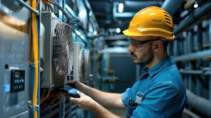 A worker repairs the air conditioner at a house building.