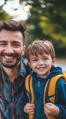 A father and son happily walk to school on a sunny morning