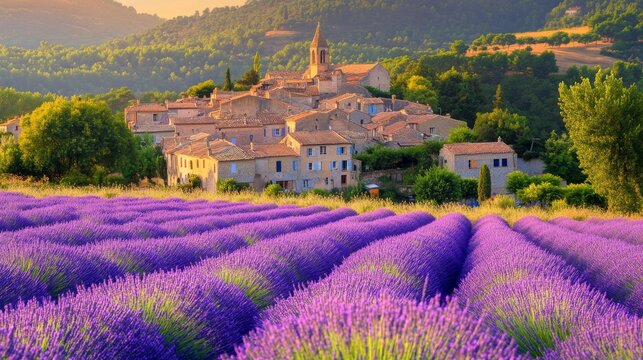 Simiane-la-Rotonde, hilltop village in Provence with lavender fields, France. 