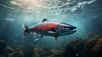 Fototapeta premium The salmon fish moves swiftly in the underwater sea environment photo