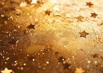 Golden glitter background with stars, shimmering, festive, sparkling, bright decor.