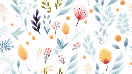 A vibrant, watercolor floral pattern featuring colorful leaves and petals.