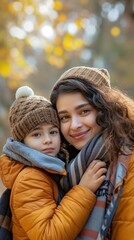 Obraz premium A mother and child enjoy a refreshing walk to school in autumn