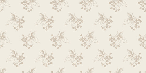 Seamless pattern with hand-drawn berry clusters and leaves on beige background. Vintage botanical design for wallpaper and textile