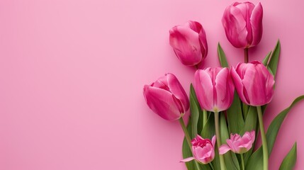 Fototapeta premium Pink tulips on a pastel pink background.