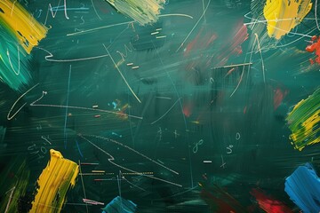 Colorful brushstrokes fill a dark green chalkboard, showcasing creativity in an artistic environment, inviting inspiration and imagination. Generative AI