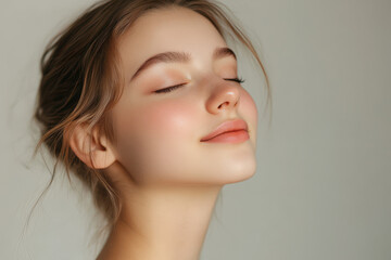A close up of a girl's face with her eyes closed