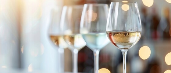 Elegant wine glasses filled with crisp white wine, showcasing a blurred bar background and warm bokeh lights.