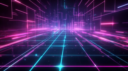 Abstract Neon Grid With Pink And Blue Glowing Lines