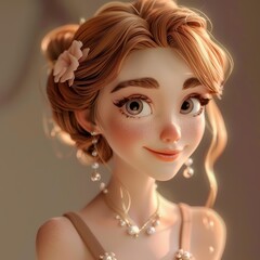 Naklejka premium A stunning girl in a dress and suspenders, adorned with pearl earrings, beams brightly against a soft color background.