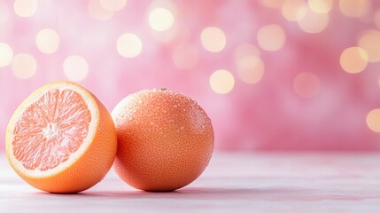 Fresh pink grapefruit halves on pink background with bokeh.