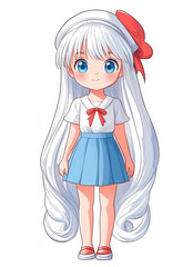 Fototapeta premium A cute little girl in a sailors dress with long white hair and blue eyes, showcased in vibrant pixel art against a pink backdrop.