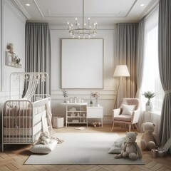 Elegant Baby Nursery Interior Design with White Crib and Plush Toys