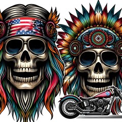 American Indian Motorcycle Skull Headwear Illustration